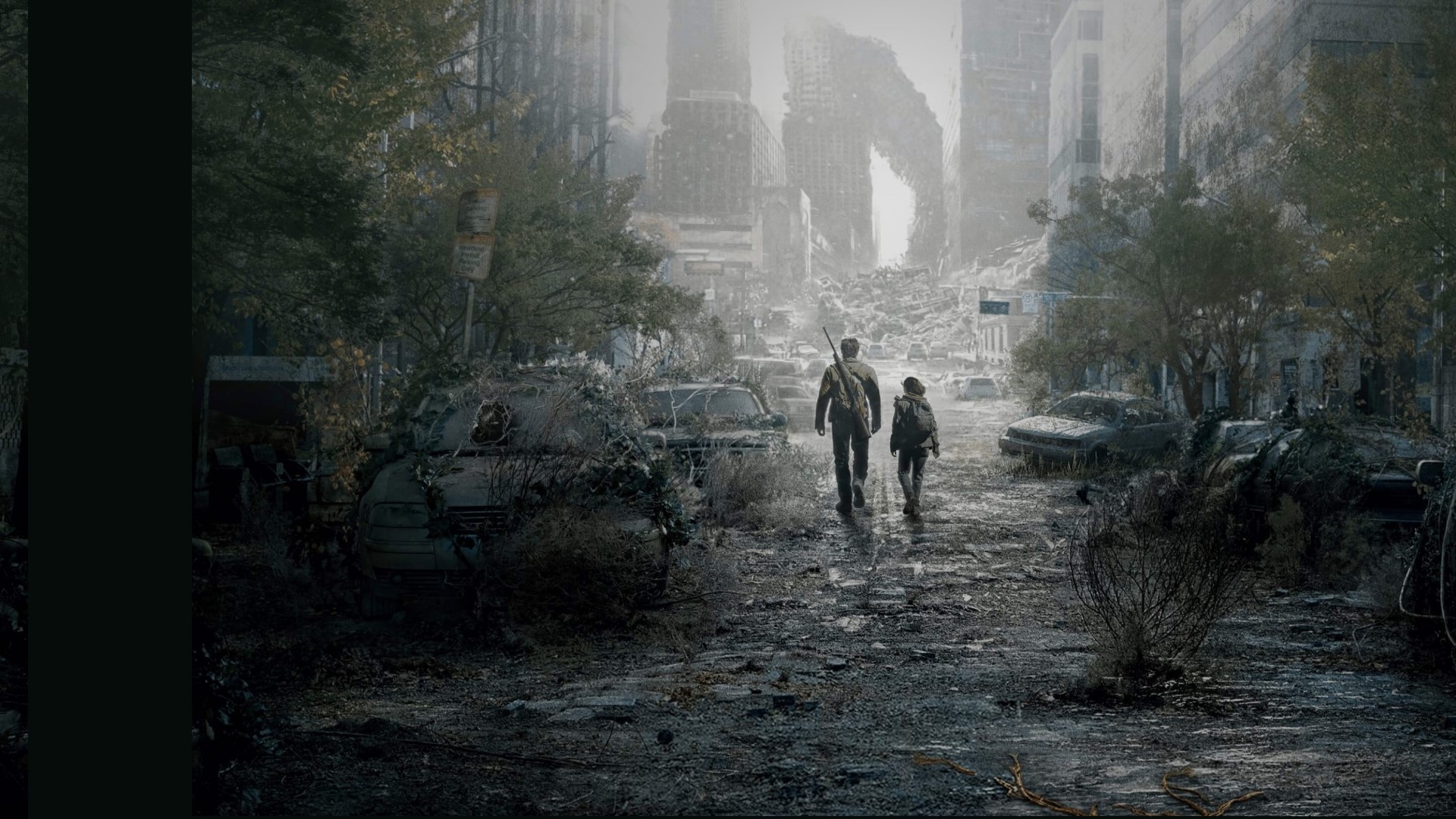 Ellie e Joel caminhando em uma cidade destruída